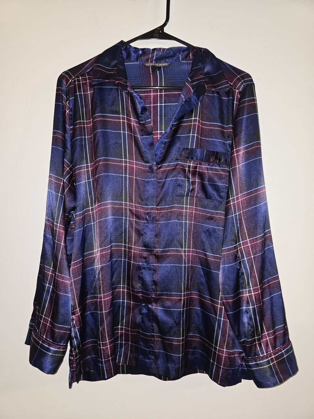 Victoria's Secret Navy & Burgundy Plaid Satin Button-Down